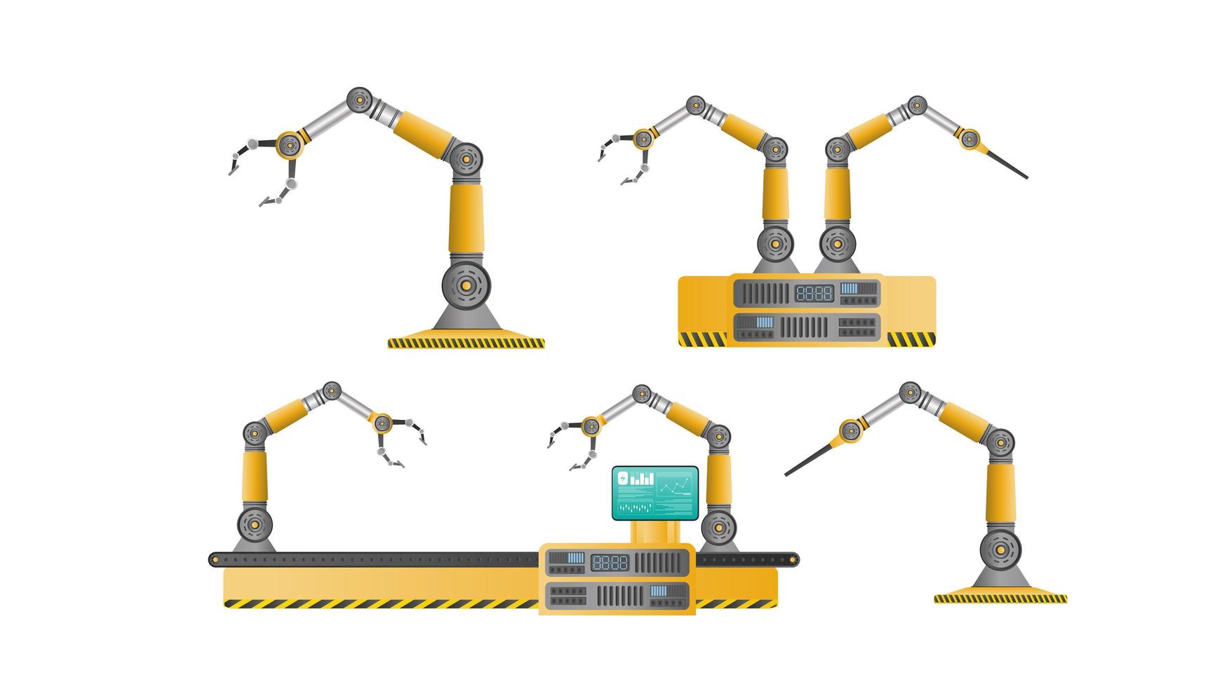 transportband automatische productielijn vol met robot manipulatoren. automatische werking. industriële robotmanipulator. moderne industriële technologie. apparaten voor fabrieken. geïsoleerd, vector