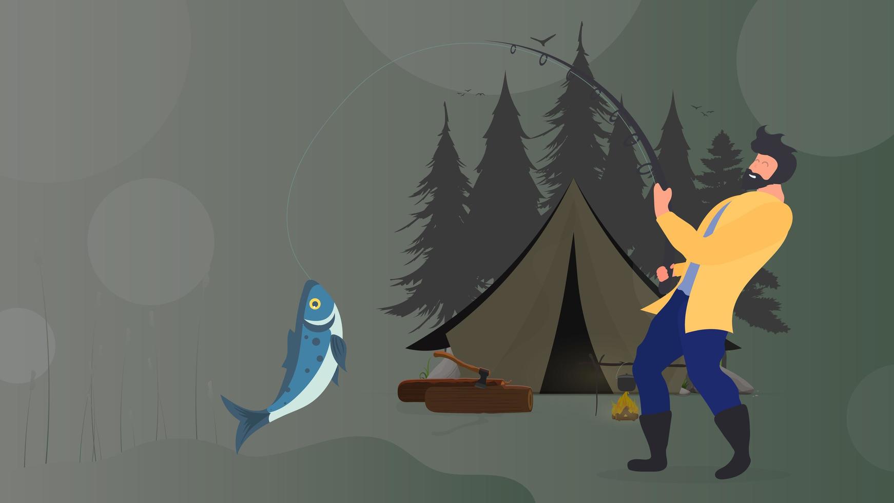 de visser ving de vis. vakantieconcept met een tent en vissen. tent, silobossen, vreugdevuur, boomstammen, een man met een stakker. vector