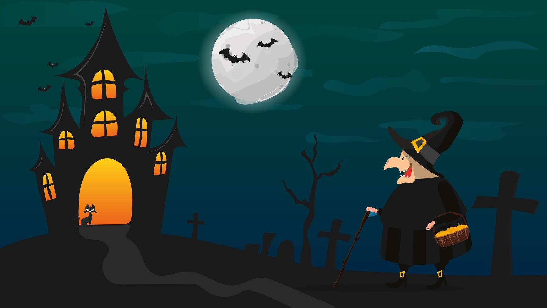 een heks in een zwart gewaad loopt door het bos. heks met een hoed. geschikt voor ontwerpen met een halloween-thema. geïsoleerd. vector. vector