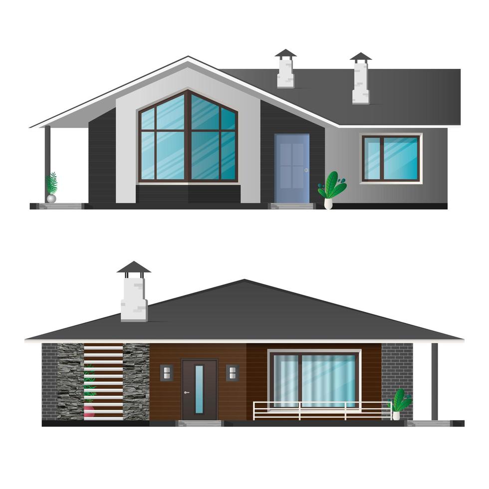 set van moderne huizen, cottage, herenhuis met schaduwen. architecturale visualisatie van het huisje buiten. realistische vectorillustratie. vector