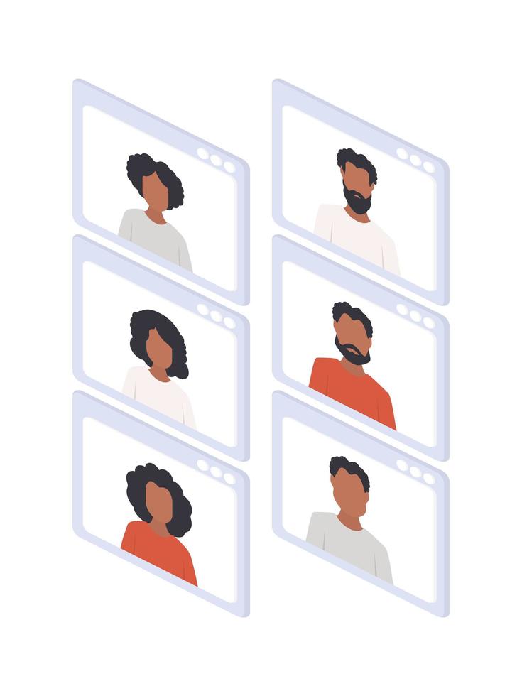 isometrische chatvenster. Afro-Amerikaanse mensen op een online conferentie. toepassingsvenster. geïsoleerd op witte achtergrond. vectorillustratie. vector