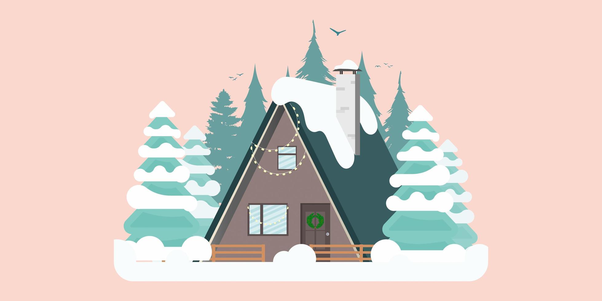 concept huis in een besneeuwd bos met uitzicht op de bergen. vector. vector