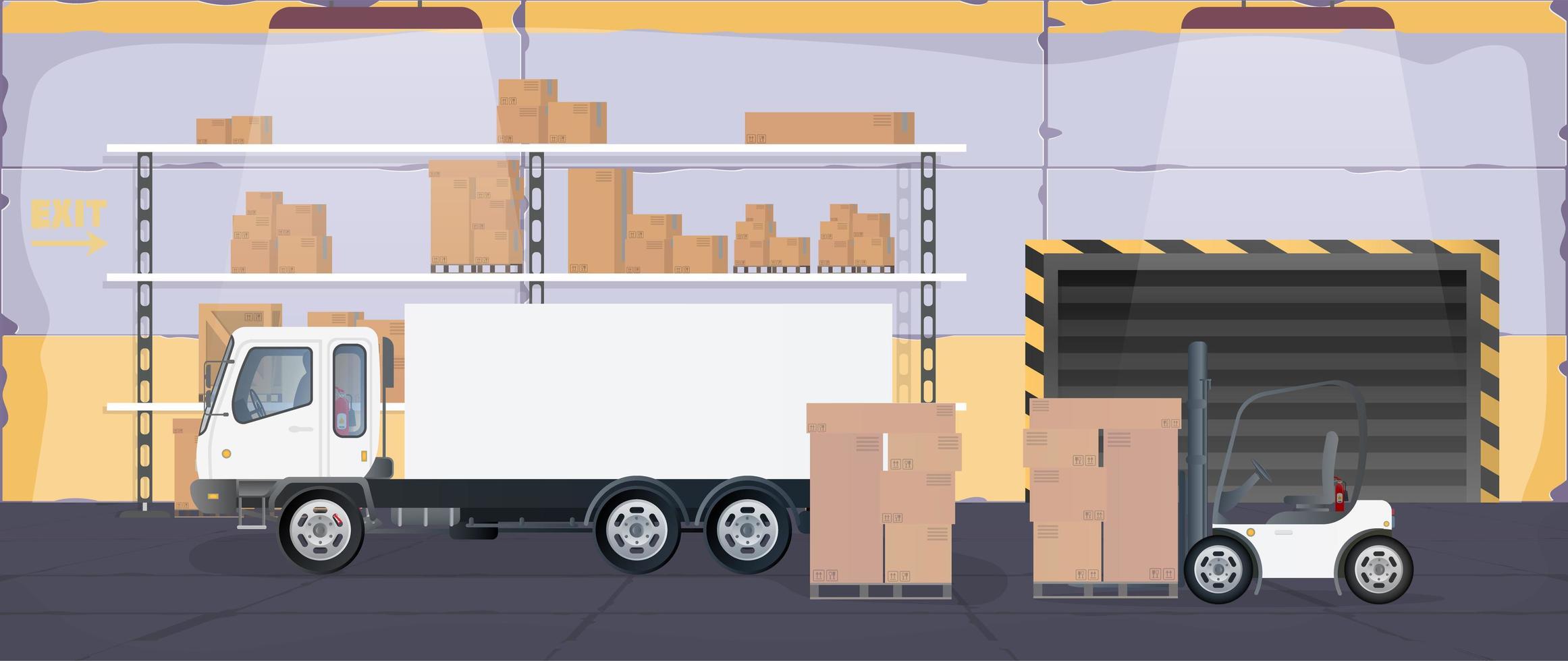 groot magazijn met lades. rek met lades en dozen. kartonnen dozen, vrachtwagen, productiemagazijn. vector. vector