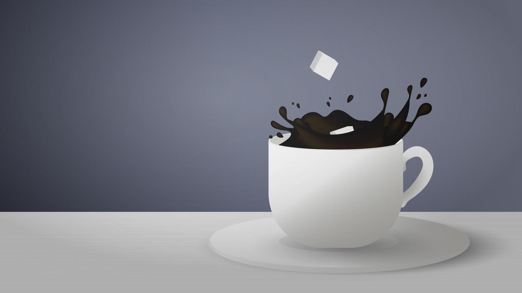 realistische kop met spatten van koffie op een grijze achtergrond. suikerklontjes vallen uit een kopje koffie. vector illustratie