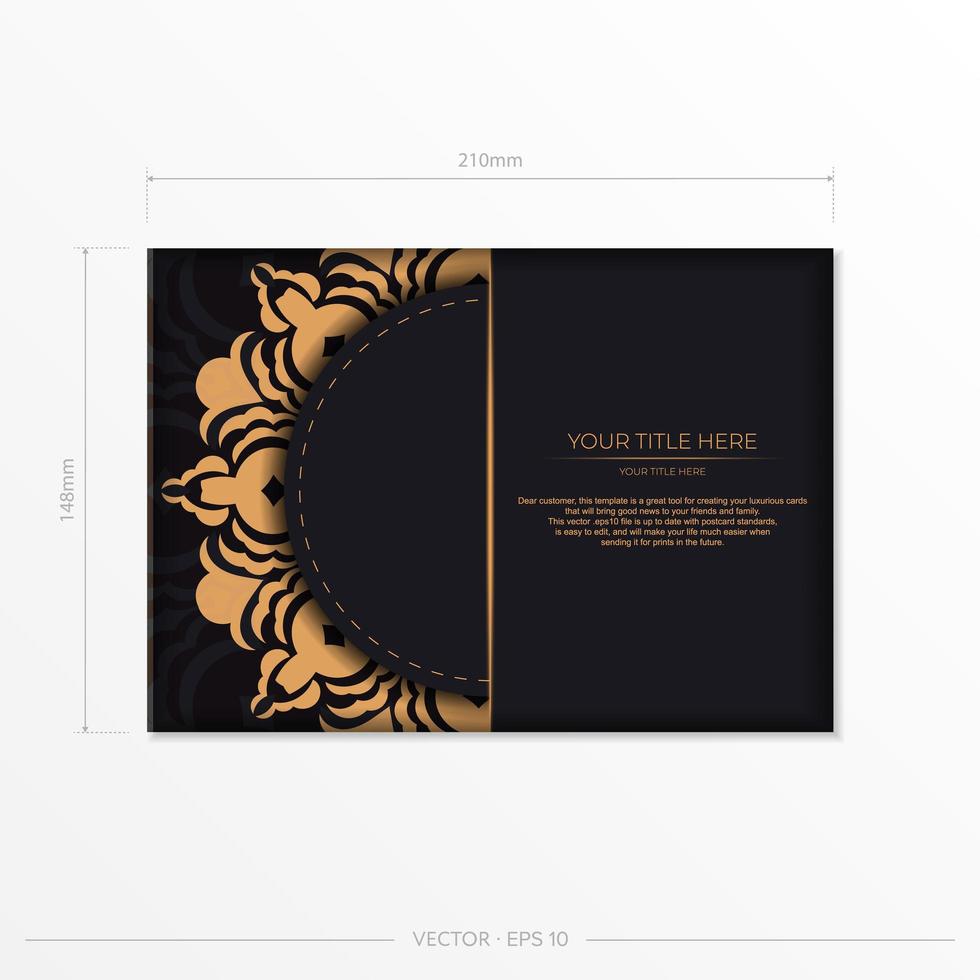 kant-en-klaar briefkaartontwerp met vintage indisch mandala-ornament. zwart-goud luxe kleuren. kan worden gebruikt als achtergrond en wallpaper. vector