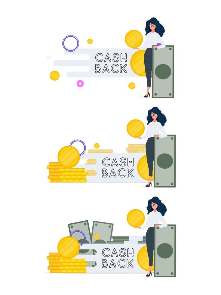 het meisje houdt een dollar vast. cashback belettering geïsoleerd op een witte achtergrond. gouden munten. compositie rond het thema geld terug en cashback. vector. vector