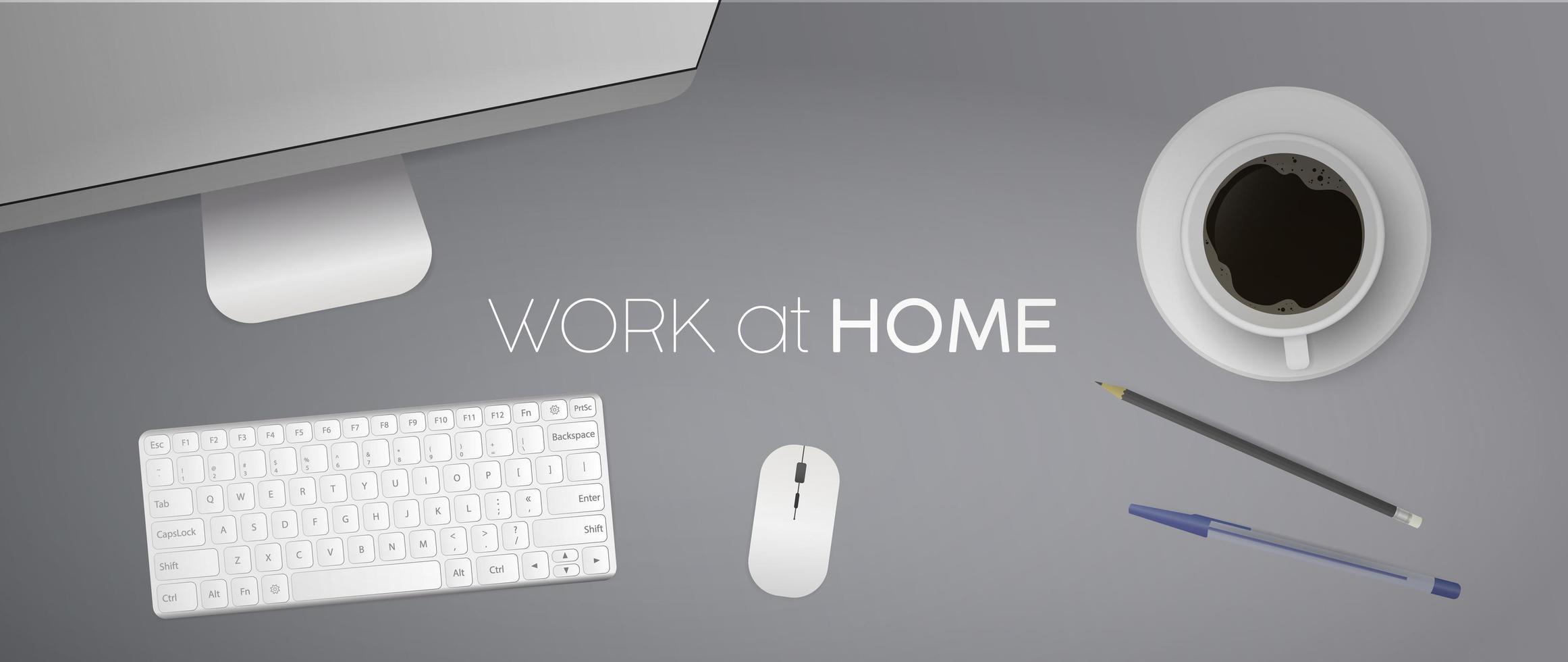 werk thuis banner. platliggend, bovenaanzicht bureau met computer. koffie, potlood, pen, toetsenbord, computermuis, monitor. realistische vectorillustratie. vector