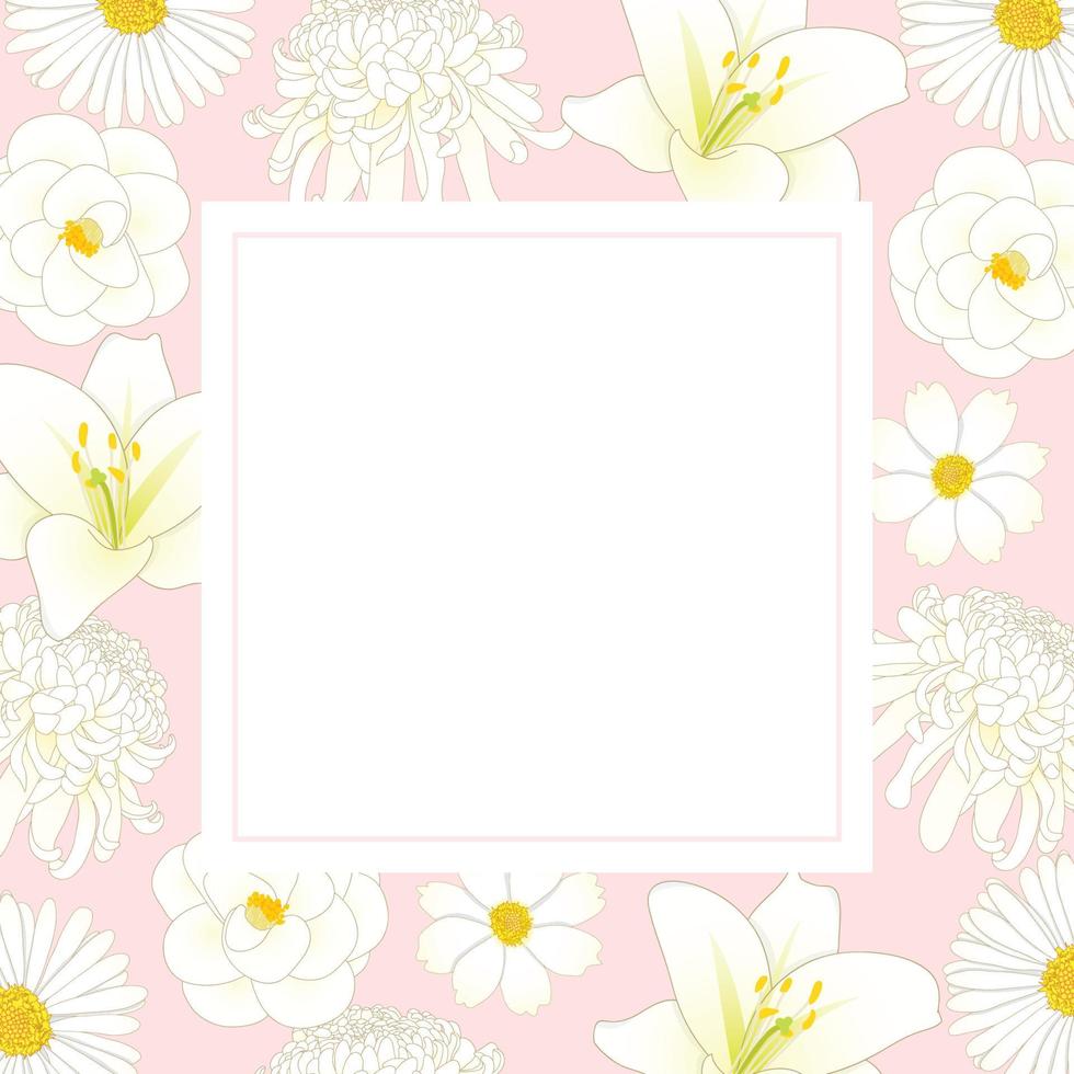 witte chrysant, aster, camelia, kosmos en leliebloem op roze bannerkaart vector