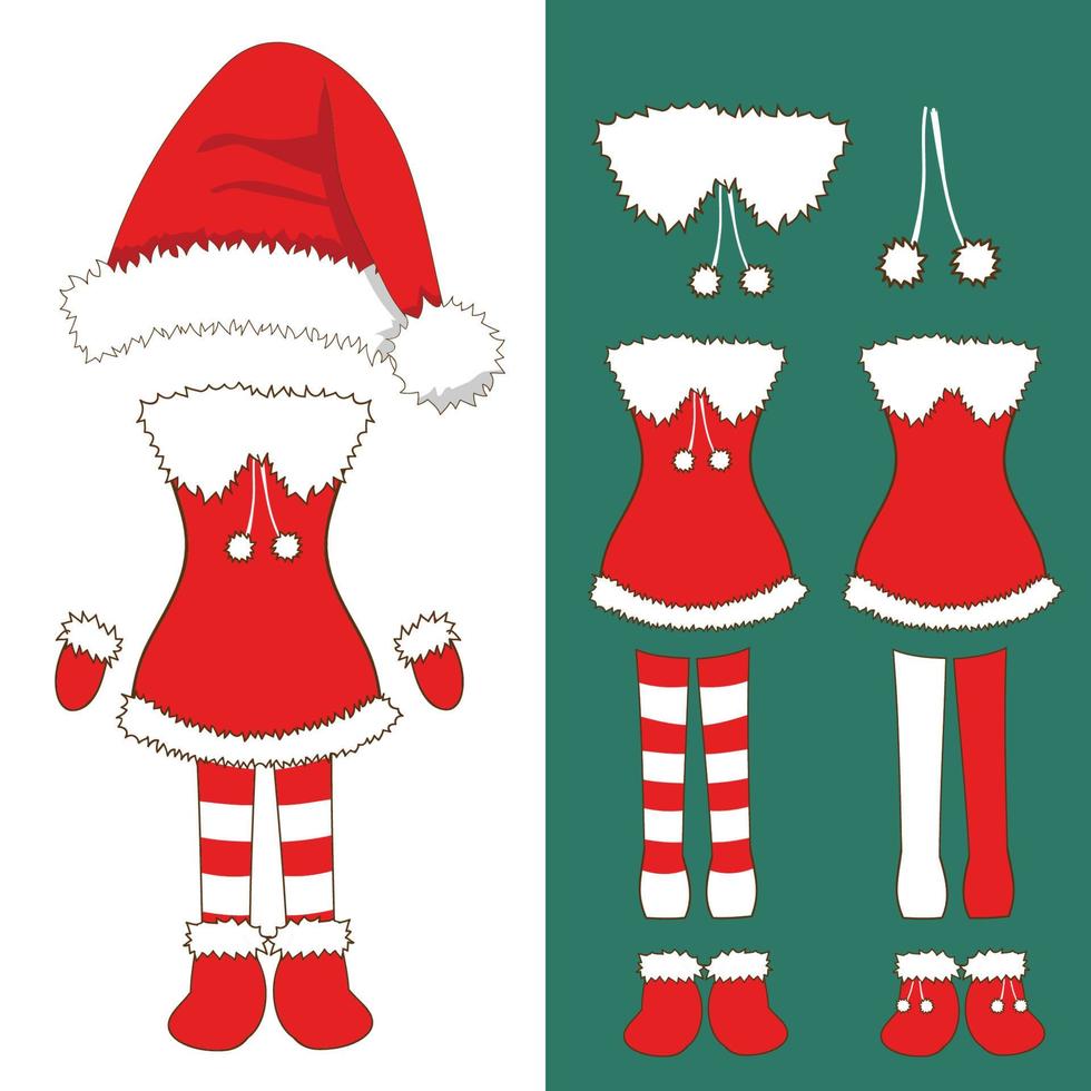 santa pompon hoed en vrouw outfit. handschoenen, rood-wit gestreepte sokken en laarzen. kerst kostuum set. vectorillustratie. vector