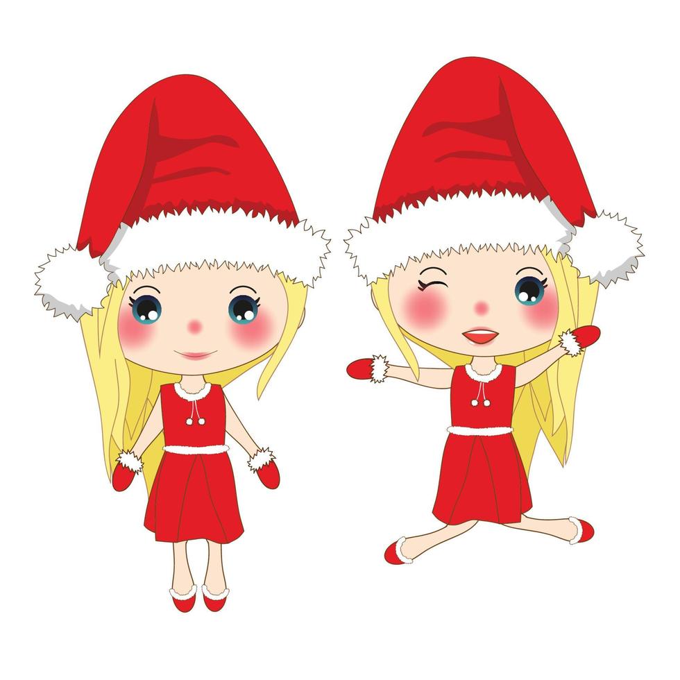 vrolijk kerstfeest met schattige santa meisje springen. pompon muts en outfit kerstman kostuum. mooie jonge vrouw vector. vector