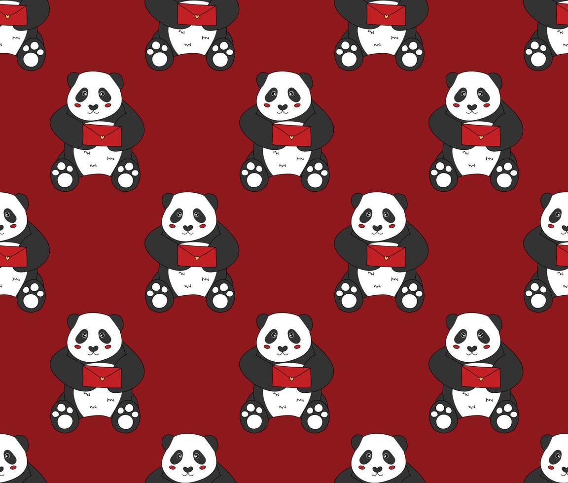 schattige panda met rode letter op rode achtergrond. vector