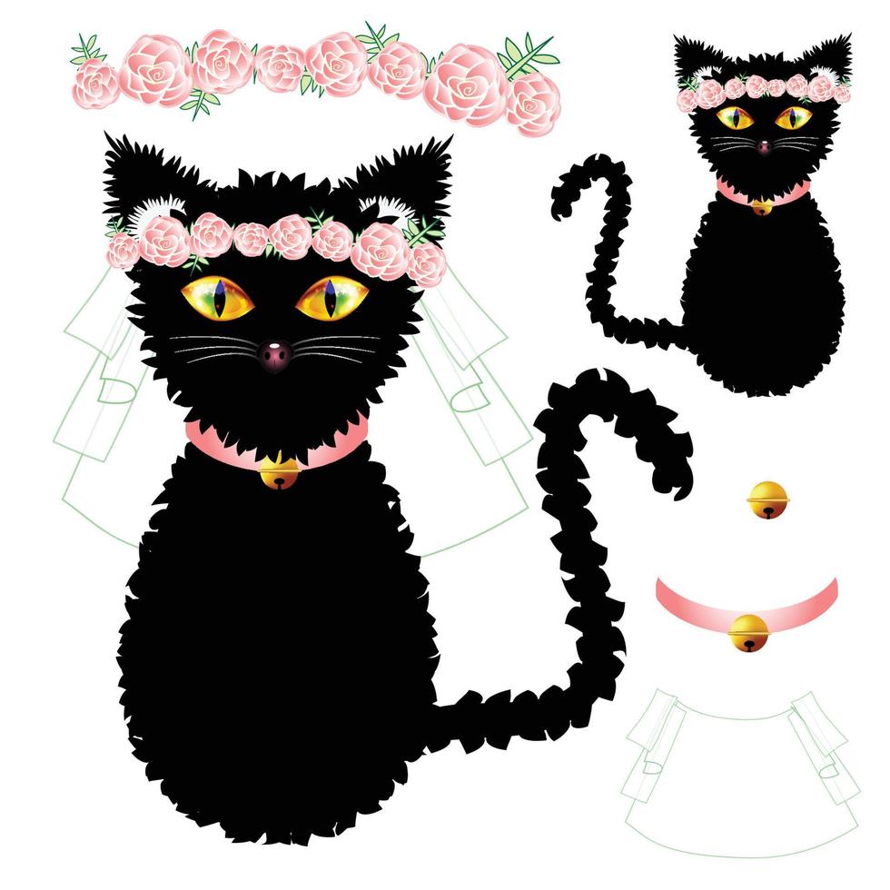 zwarte kat bruid met gele ogen, kroon roze roze bloem, gouden bal kraag. Valentijnsdag. vector illustratie