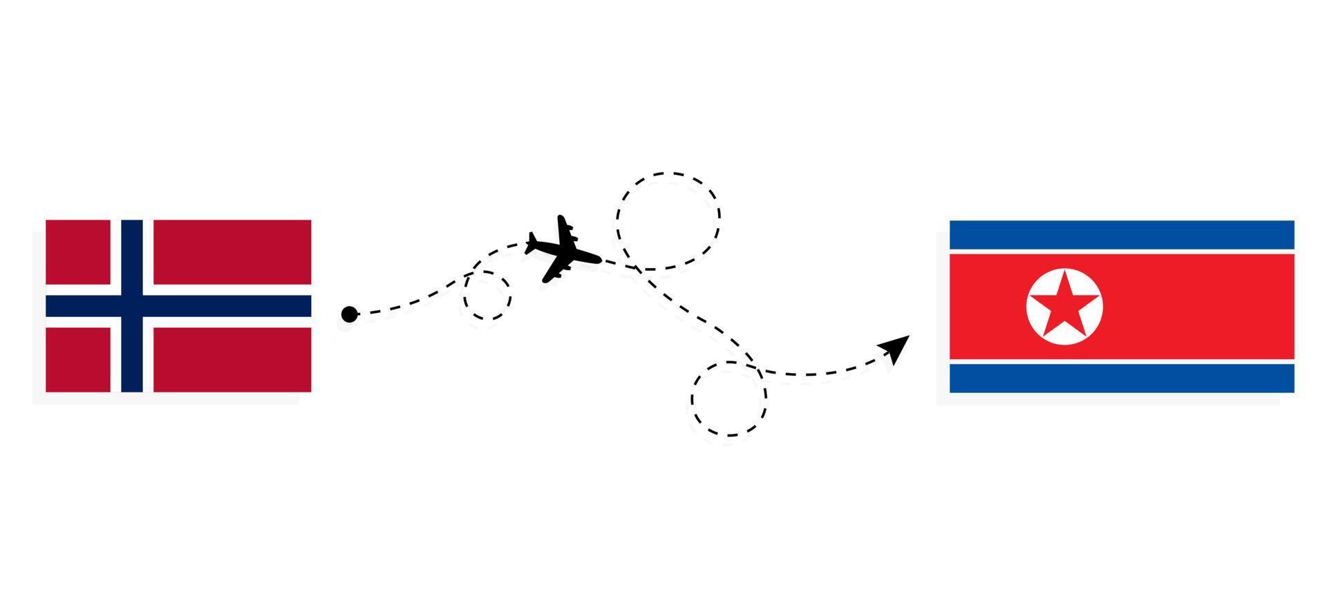 vlucht en reis van noorwegen naar noord-korea per reisconcept voor passagiersvliegtuigen vector