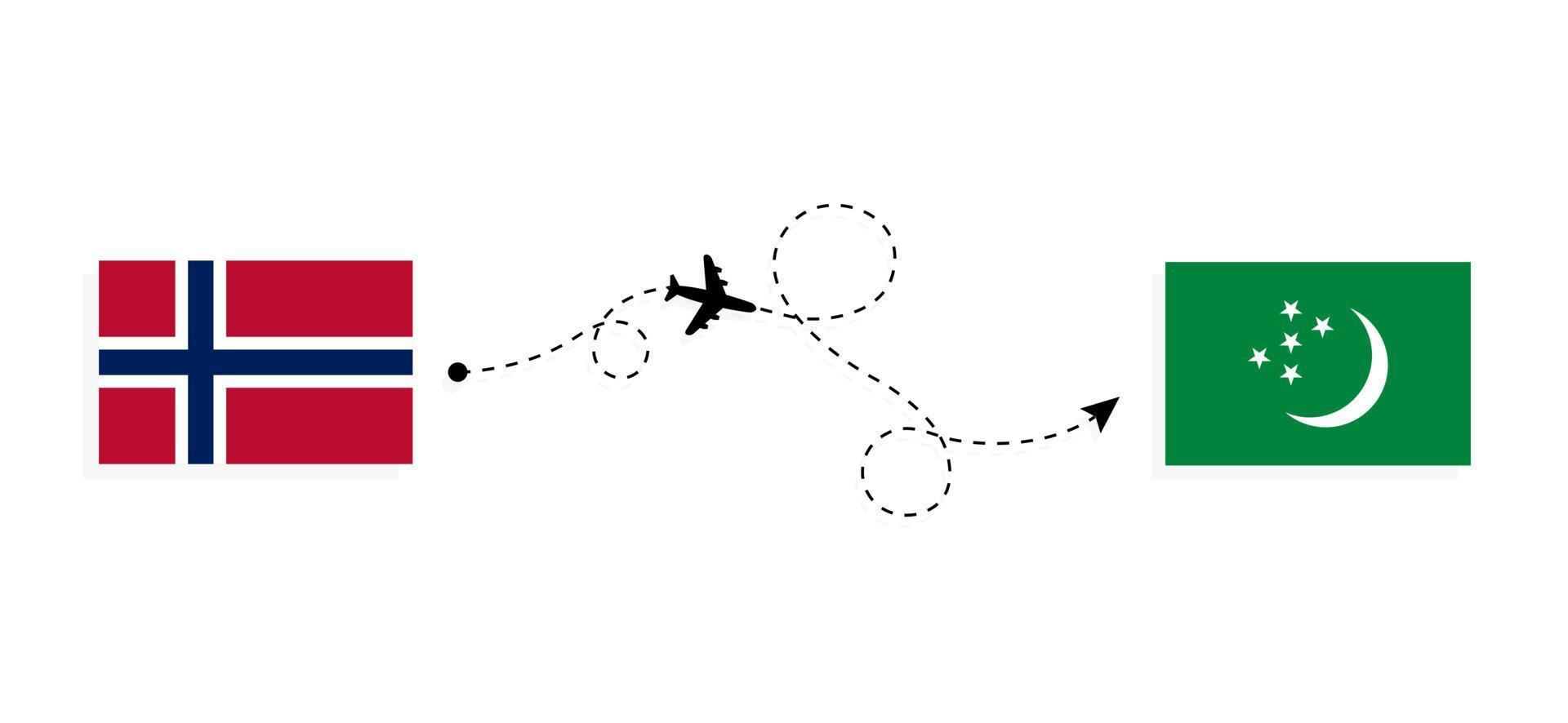 vlucht en reis van noorwegen naar turkmenistan per reisconcept voor passagiersvliegtuigen vector