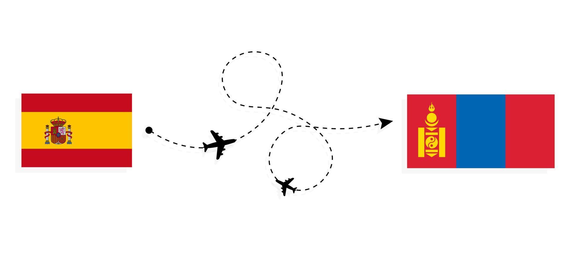 vlucht en reis van spanje naar mongolië per reisconcept voor passagiersvliegtuigen vector