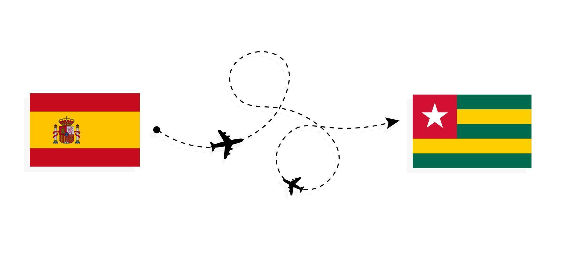 vlucht en reis van spanje naar togo per reisconcept voor passagiersvliegtuigen vector