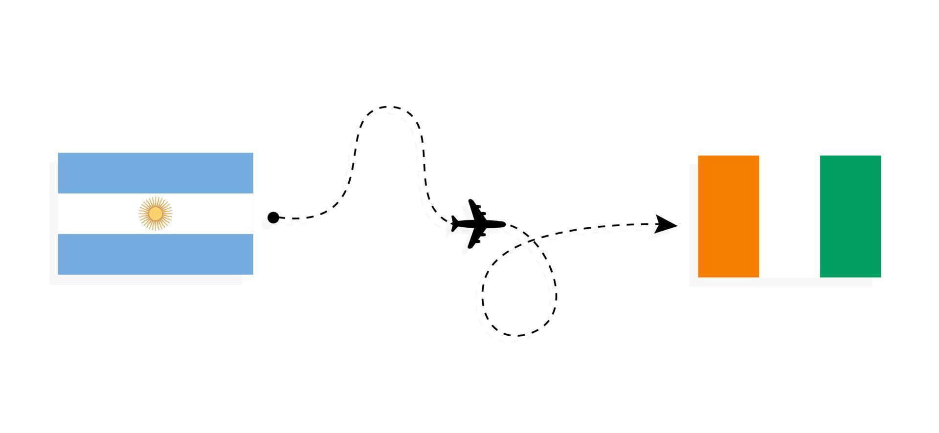 vlucht en reis van argentinië naar ivoorkust per passagiersvliegtuig reisconcept vector