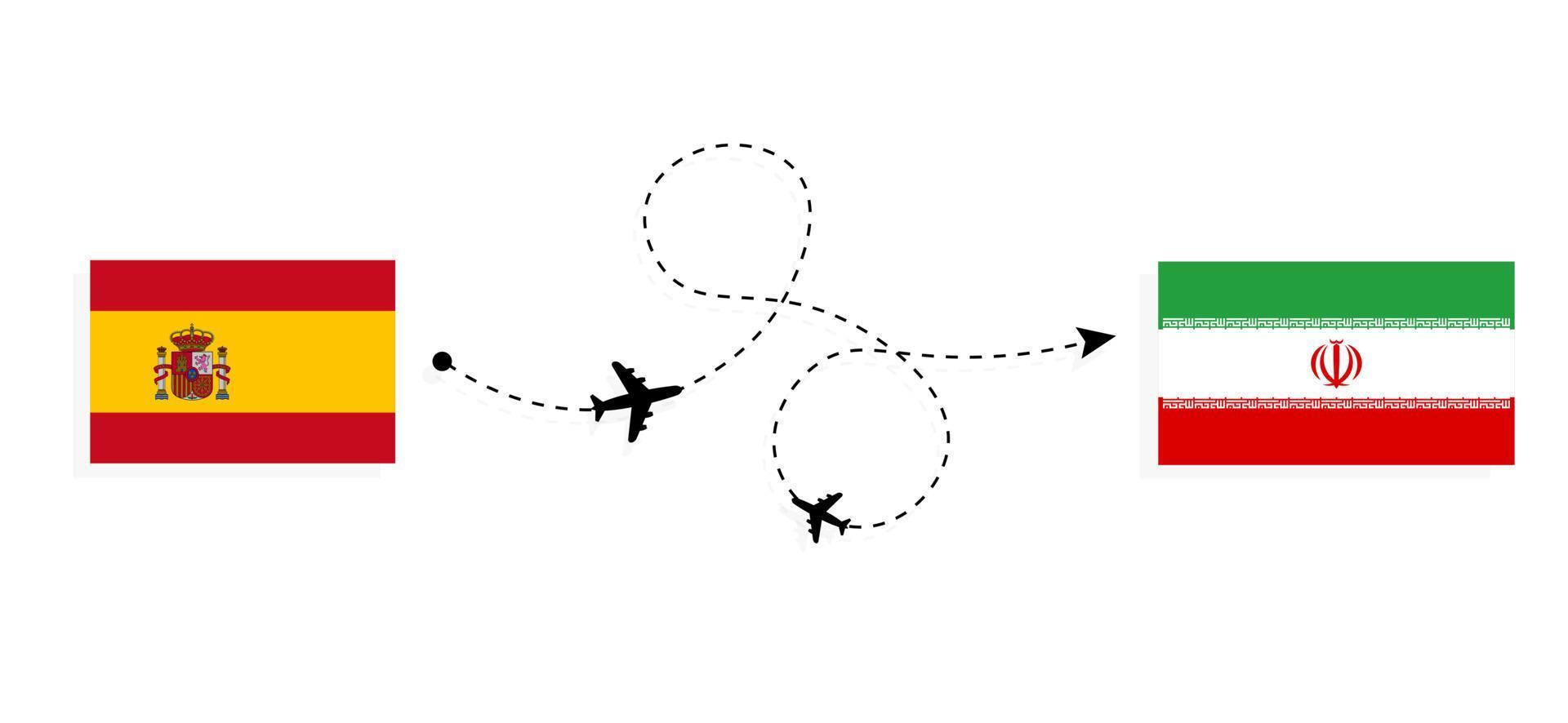 vlucht en reis van spanje naar iran per reisconcept voor passagiersvliegtuigen vector