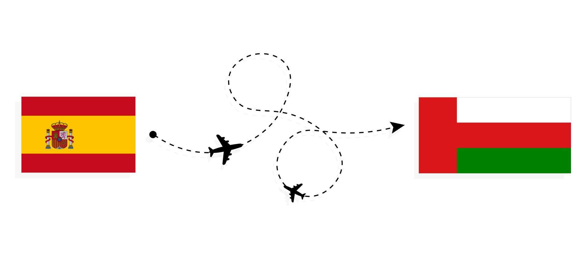 vlucht en reis van spanje naar oman per reisconcept voor passagiersvliegtuigen vector