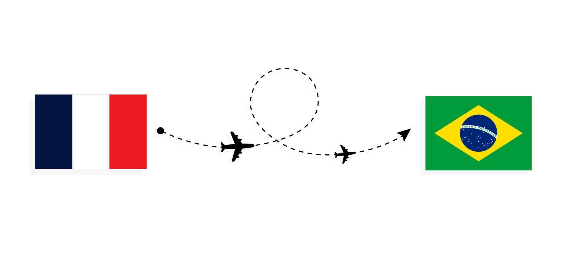 vlucht en reis van Frankrijk naar Brazilië per reisconcept voor passagiersvliegtuigen vector