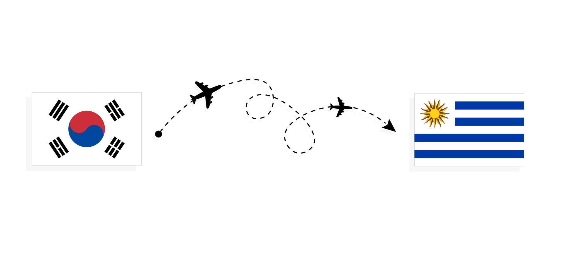 vlucht en reis van zuid-korea naar uruguay per reisconcept voor passagiersvliegtuigen vector