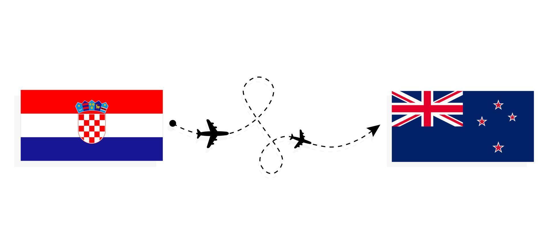 vlucht en reis van Kroatië naar Nieuw-Zeeland per reisconcept voor passagiersvliegtuigen vector