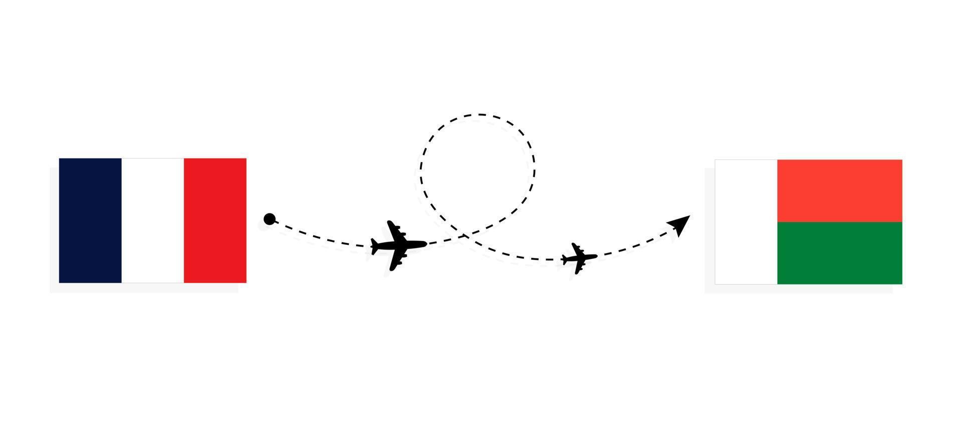 vlucht en reis van Frankrijk naar Madagaskar per passagiersvliegtuigreisconcept vector