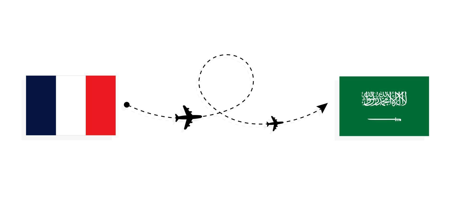 vlucht en reis van frankrijk naar saoedi-arabië per passagiersvliegtuig reisconcept vector