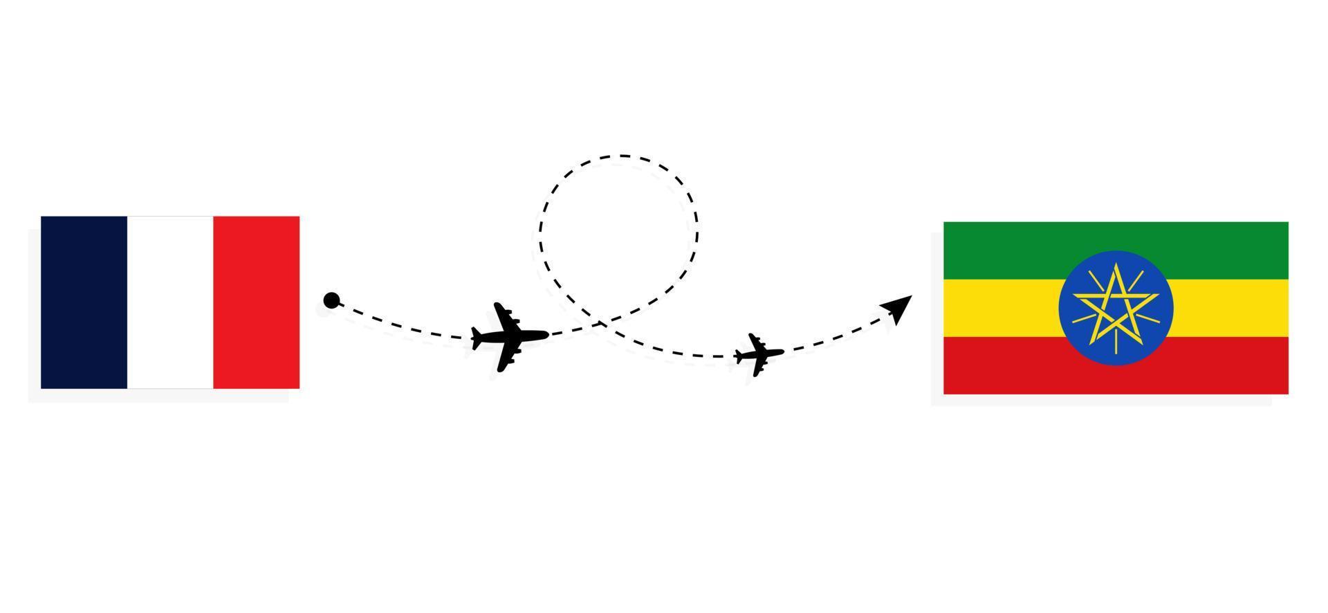 vlucht en reis van Frankrijk naar Ethiopië per reisconcept voor passagiersvliegtuigen vector