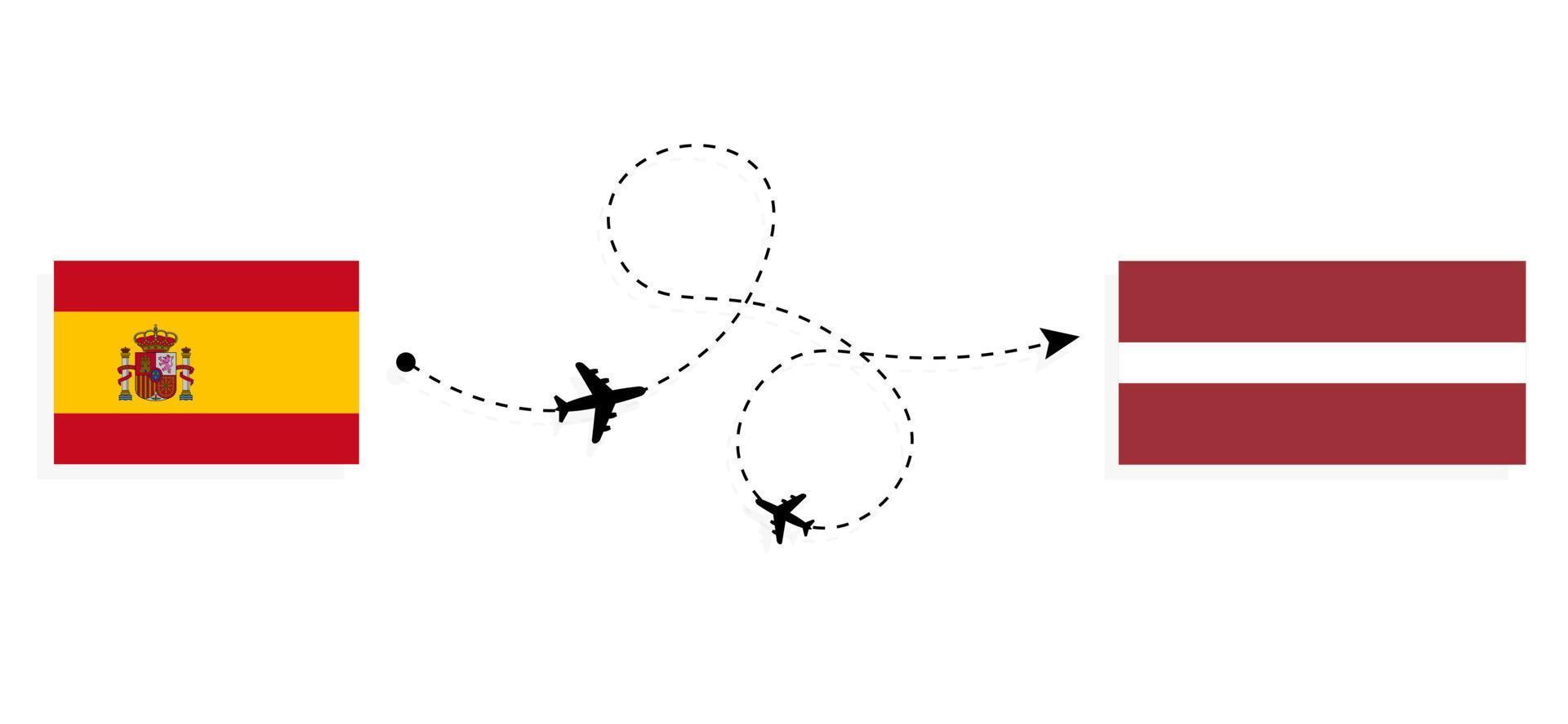 vlucht en reis van spanje naar letland door het reisconcept van het passagiersvliegtuig vector