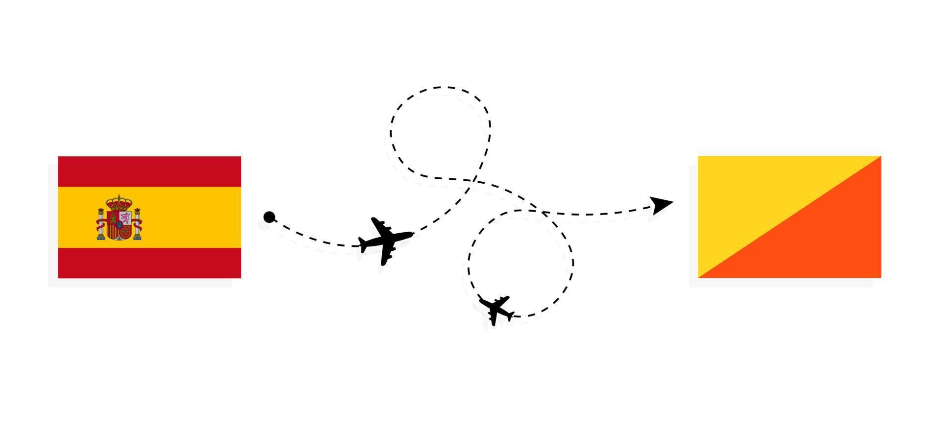 vlucht en reis van spanje naar bhutan per reisconcept voor passagiersvliegtuigen vector