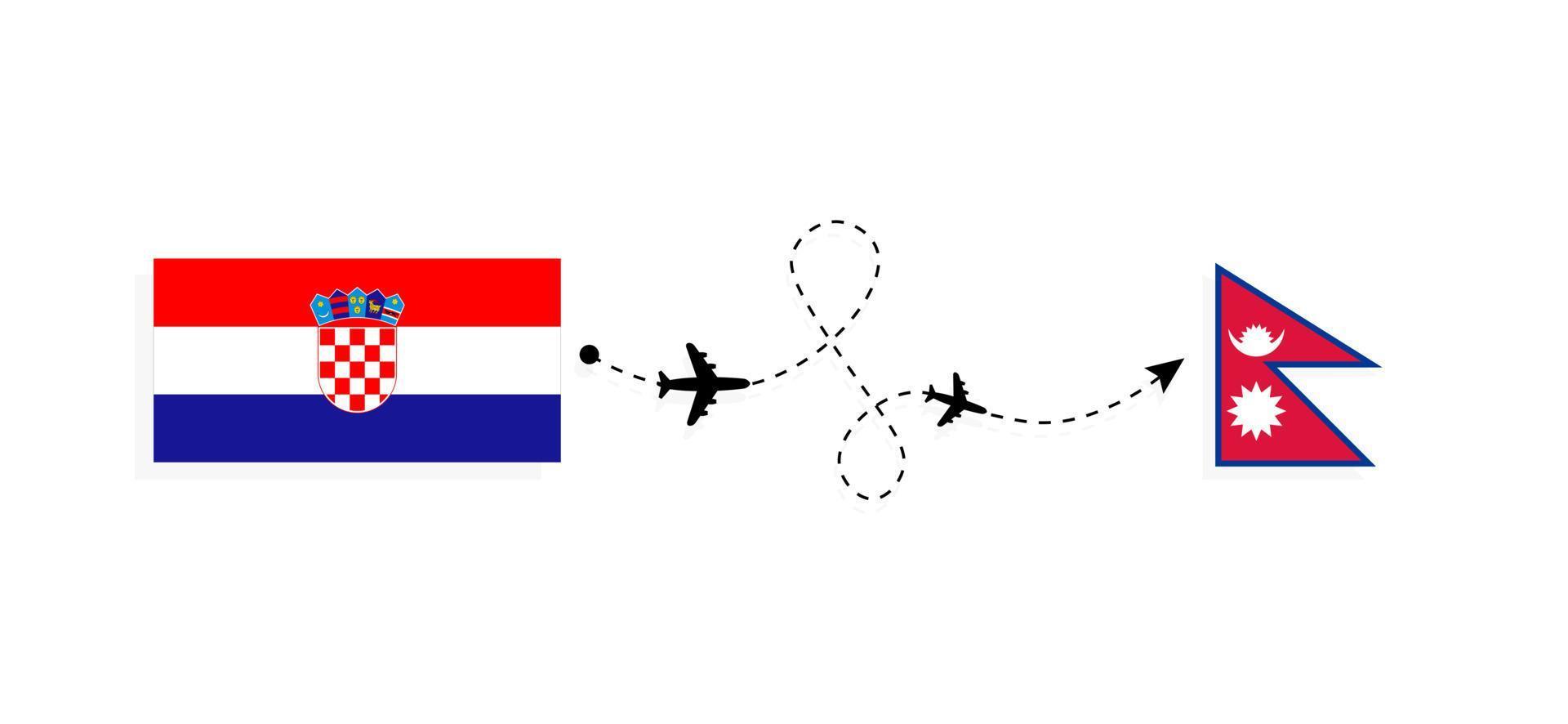 vlucht en reis van kroatië naar nepal per reisconcept voor passagiersvliegtuigen vector