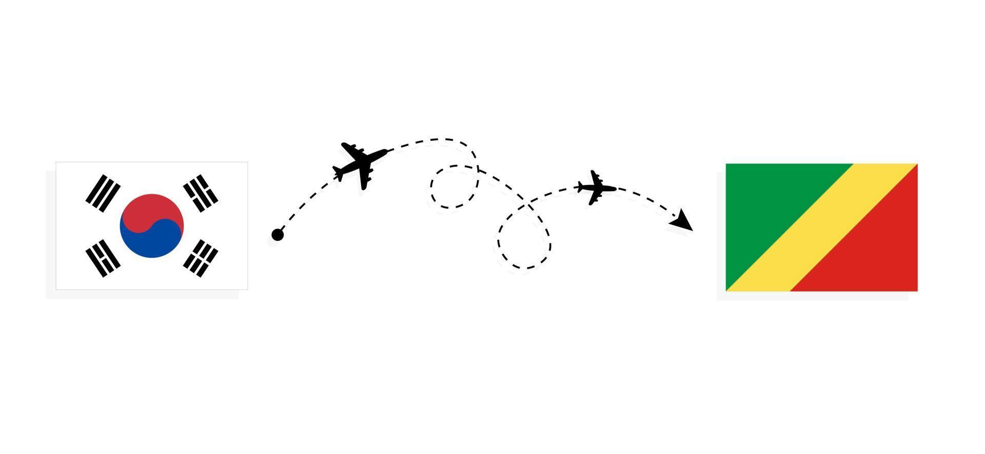 vlucht en reis van Zuid-Korea naar de Republiek Congo per reisconcept voor passagiersvliegtuigen vector