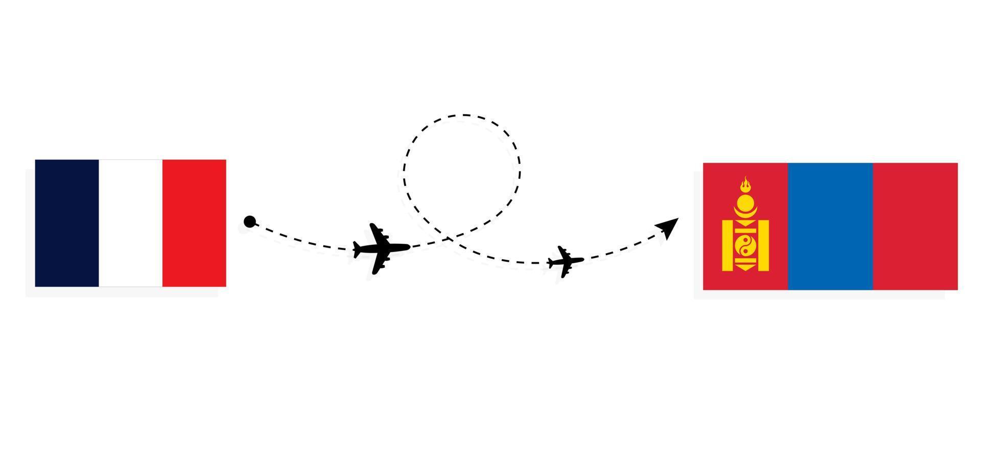 vlucht en reis van Frankrijk naar Mongolië per reisconcept voor passagiersvliegtuigen vector