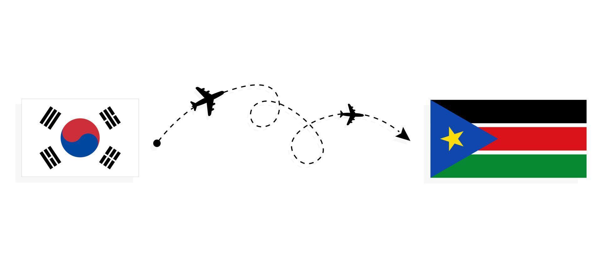 vlucht en reis van Zuid-Korea naar Zuid-Soedan per reisconcept voor passagiersvliegtuigen vector