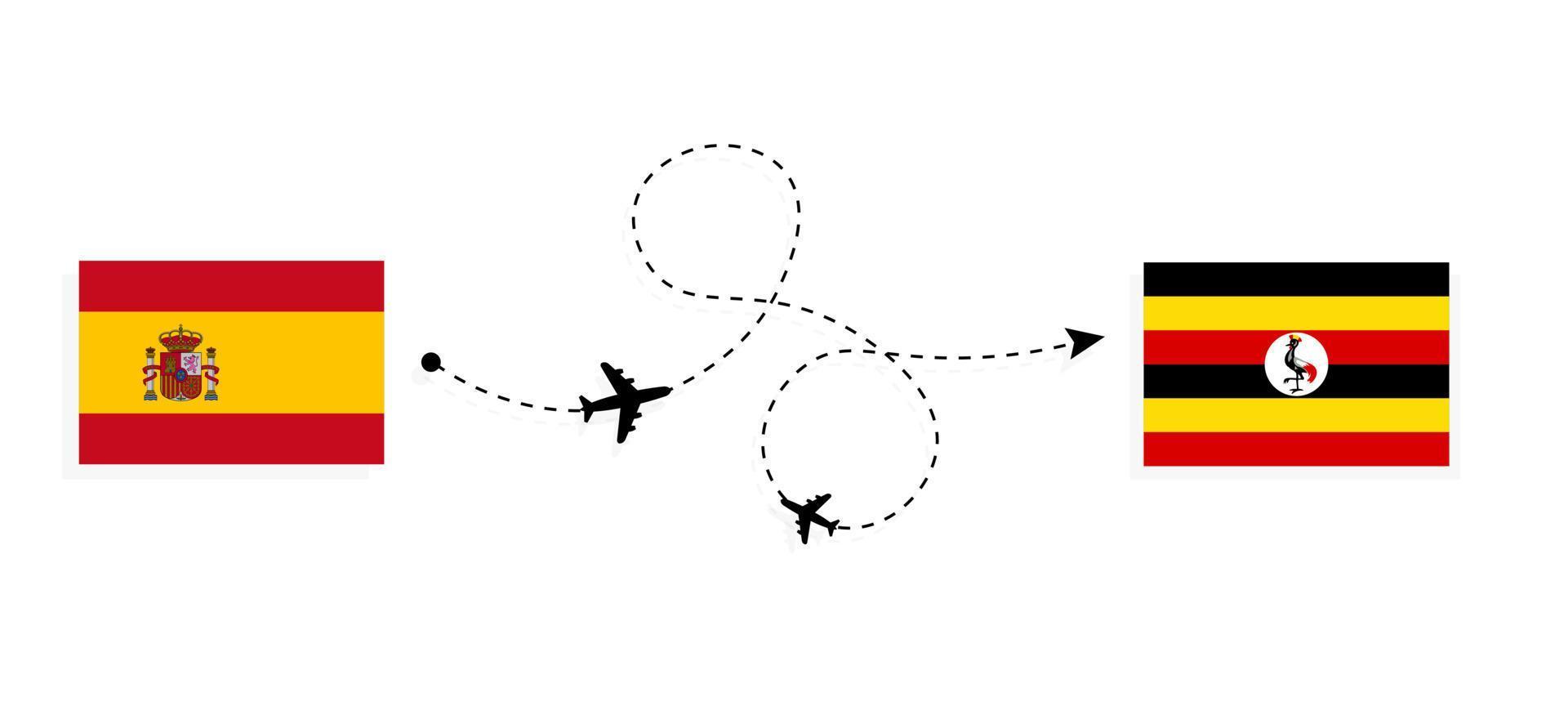 vlucht en reis van spanje naar oeganda per reisconcept voor passagiersvliegtuigen vector
