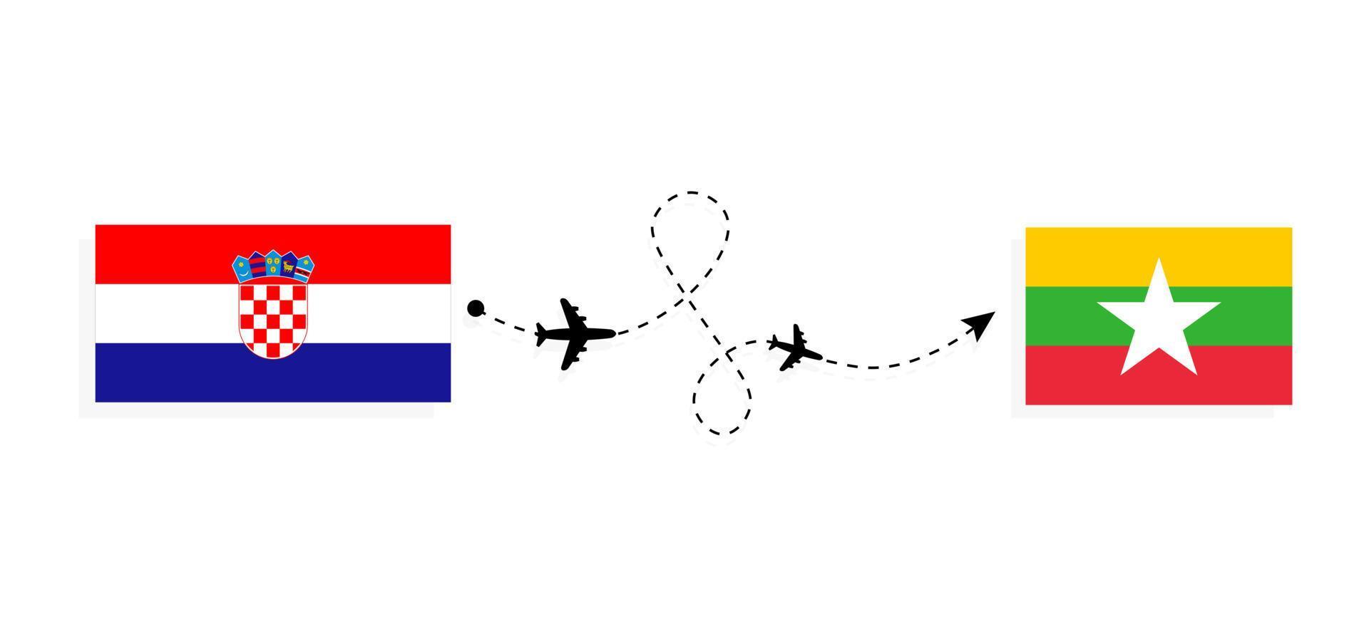 vlucht en reis van kroatië naar myanmar per reisconcept voor passagiersvliegtuigen vector