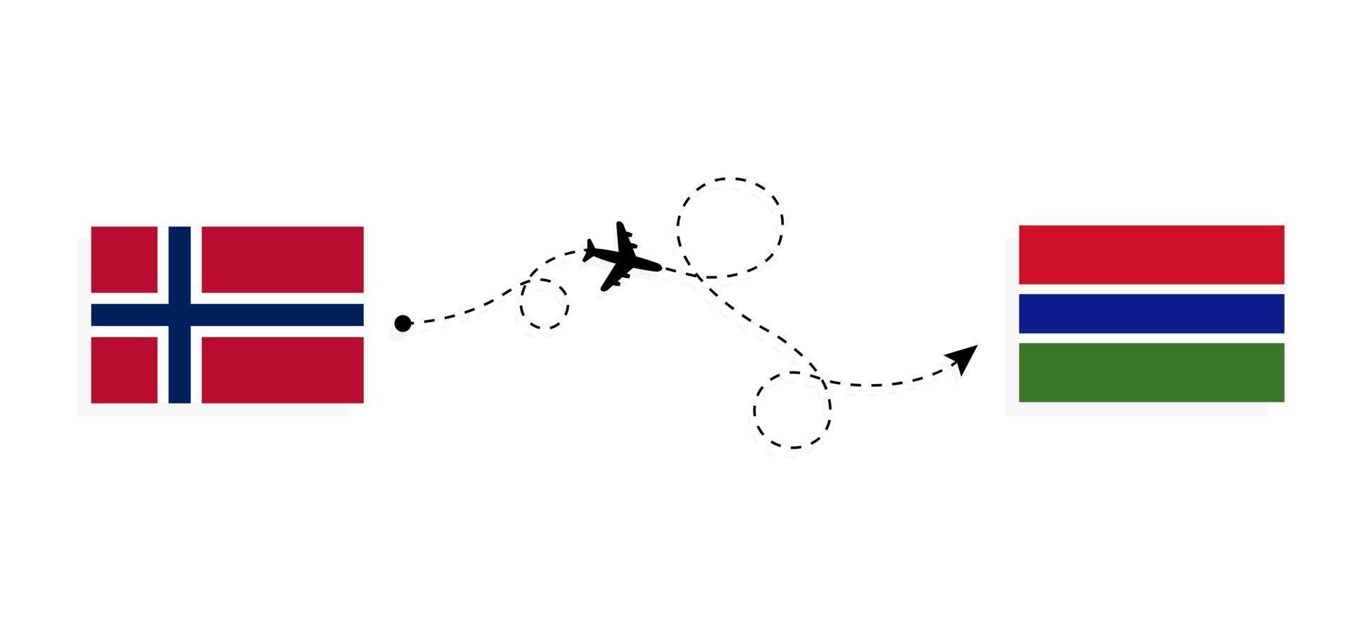 vlucht en reis van noorwegen naar gambia per reisconcept voor passagiersvliegtuigen vector