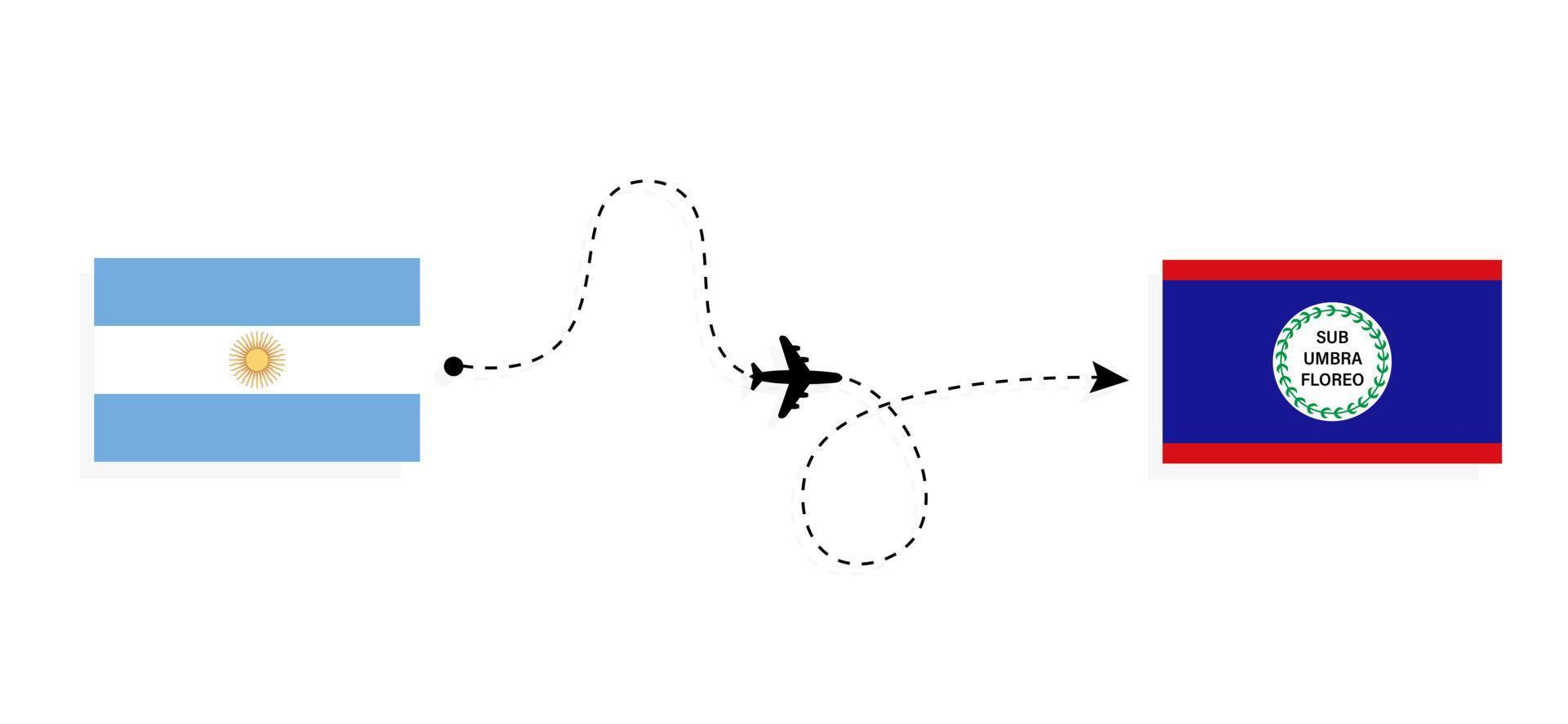 vlucht en reis van argentinië naar belize per reisconcept voor passagiersvliegtuigen vector