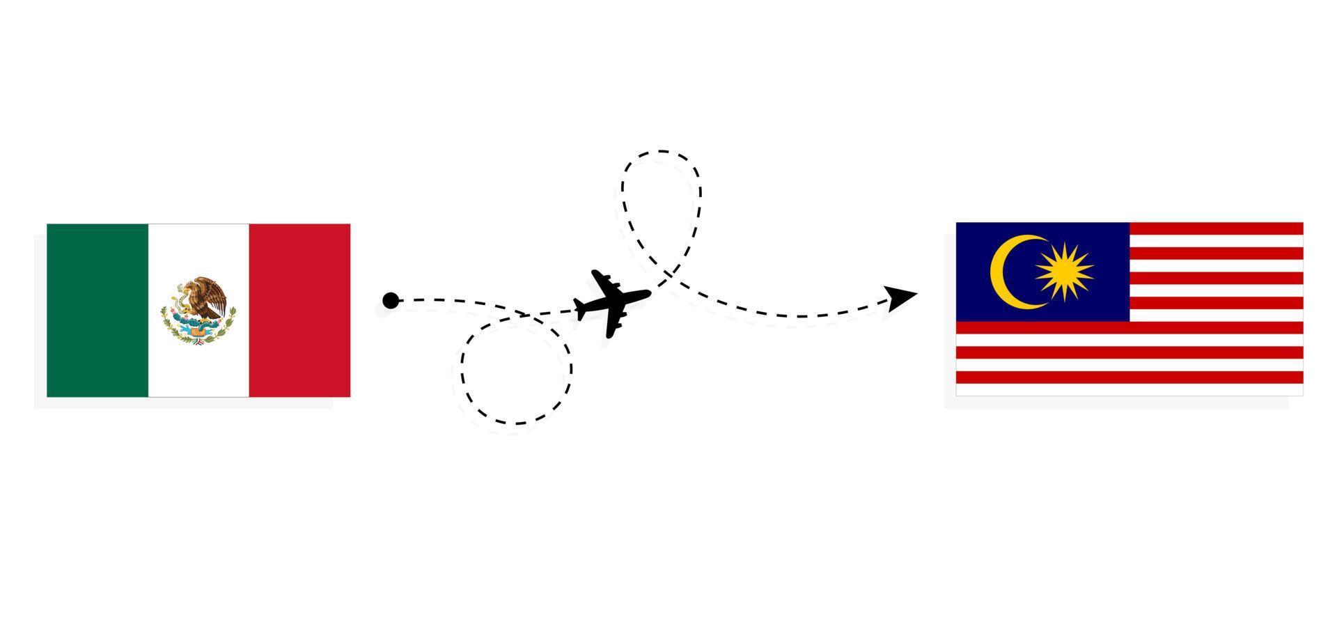 vlucht en reis van Mexico naar Maleisië per reisconcept voor passagiersvliegtuigen vector