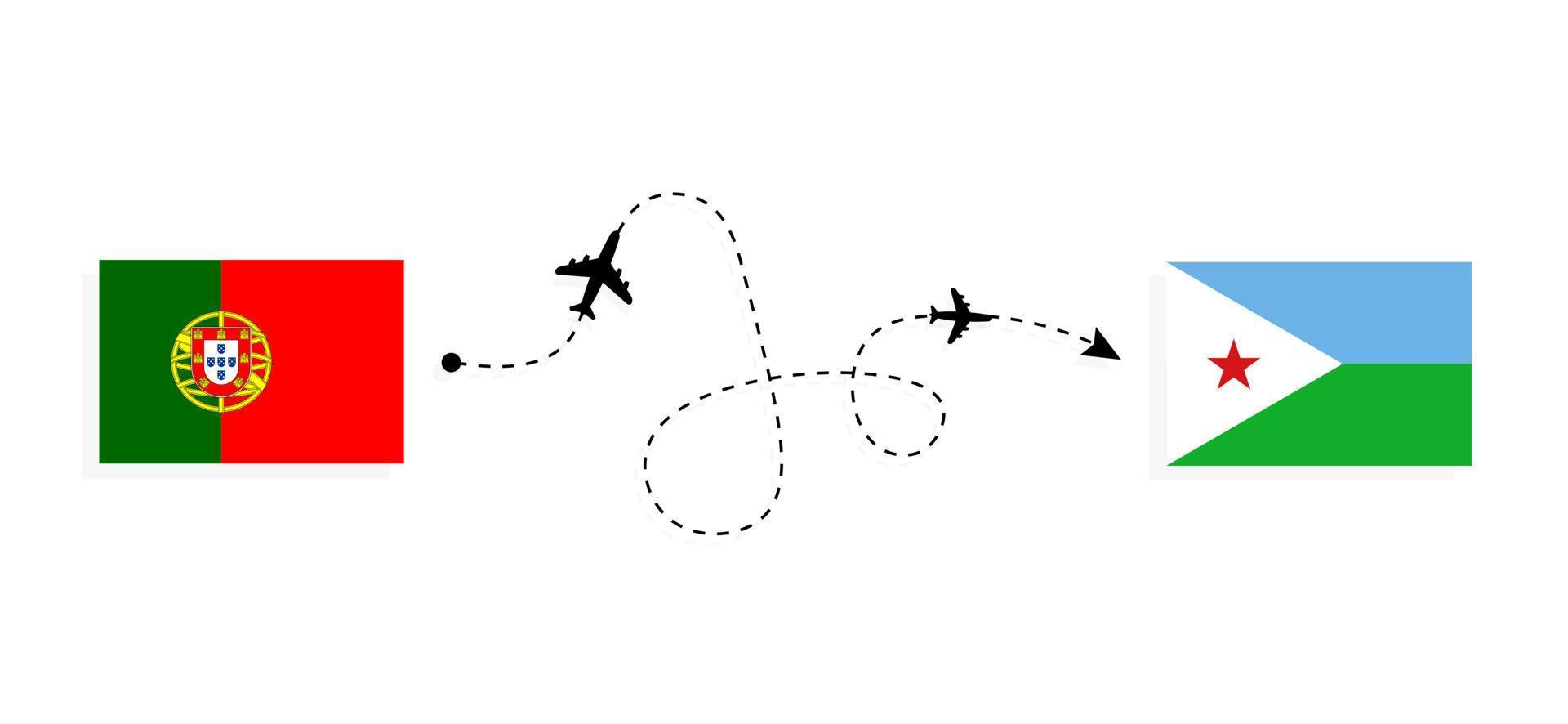 vlucht en reis van portugal naar djibouti per reisconcept voor passagiersvliegtuigen vector