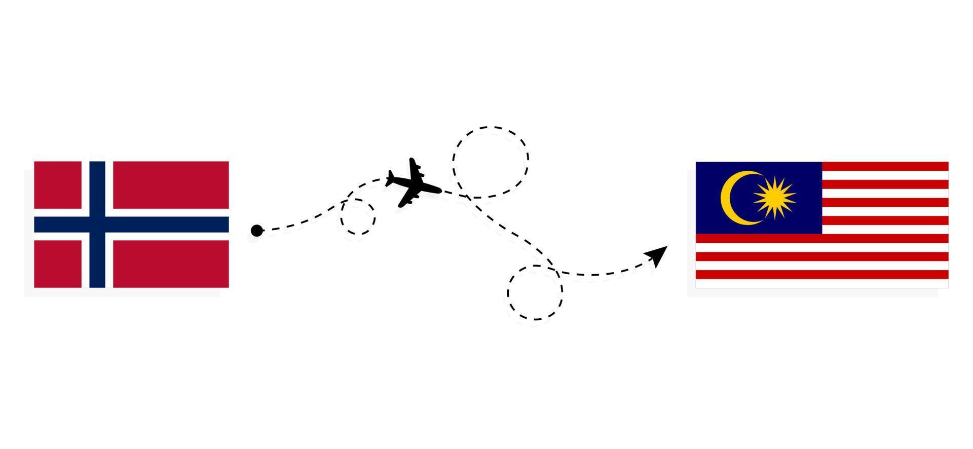 vlucht en reis van noorwegen naar maleisië per reisconcept voor passagiersvliegtuigen vector