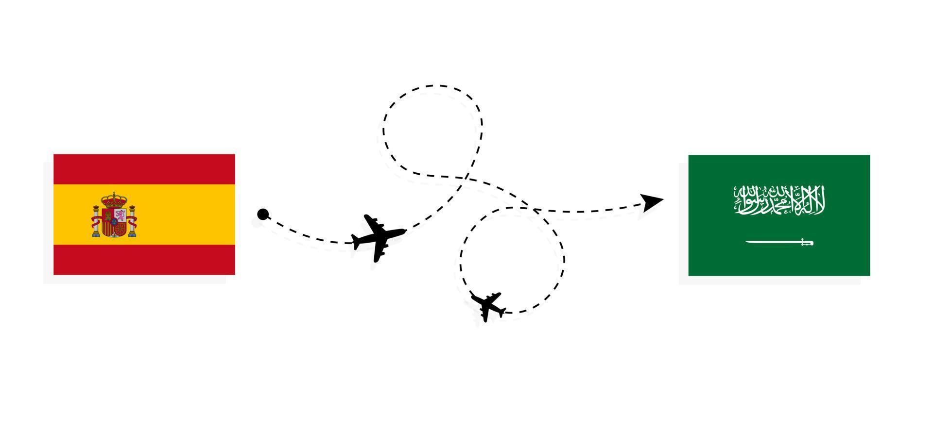 vlucht en reis van spanje naar saoedi-arabië per reisconcept voor passagiersvliegtuigen vector