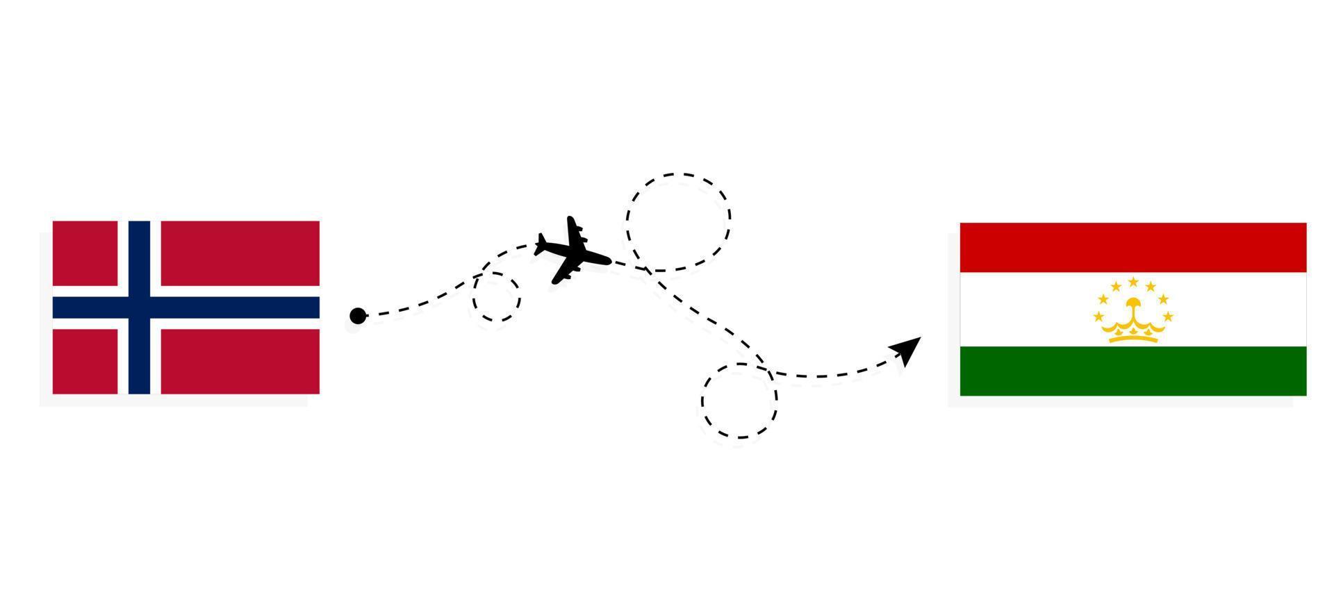 vlucht en reis van noorwegen naar tadzjikistan per reisconcept voor passagiersvliegtuigen vector