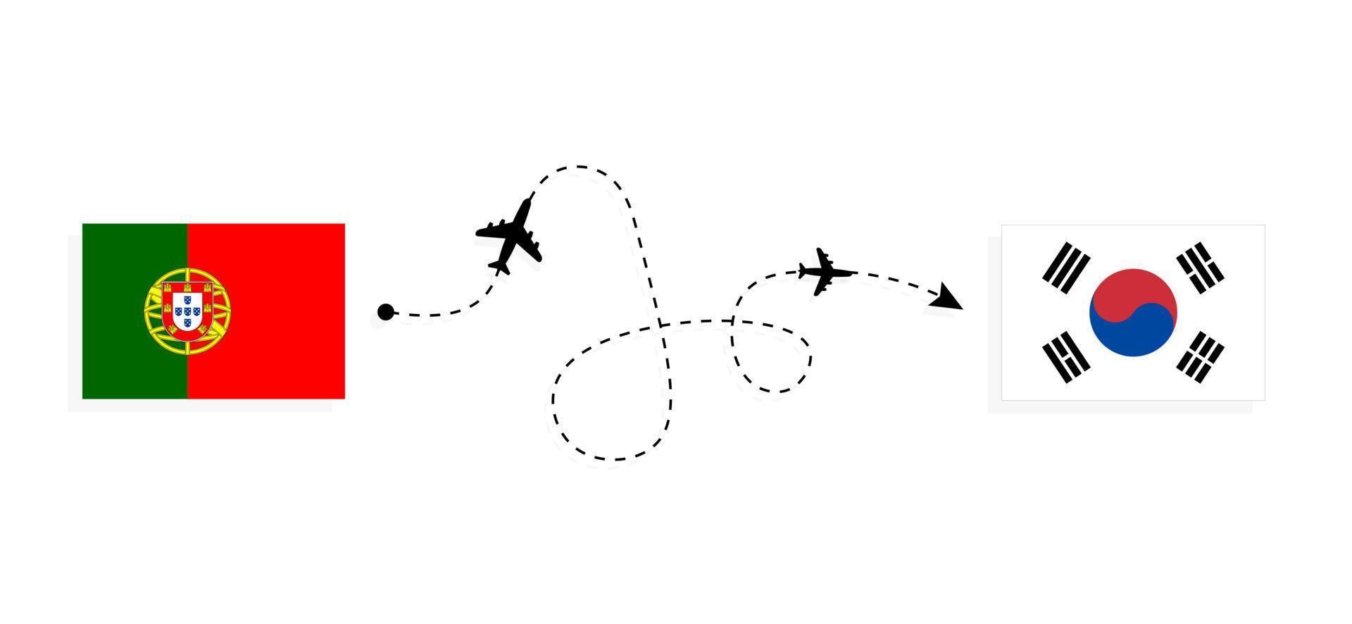 vlucht en reis van portugal naar zuid-korea per reisconcept voor passagiersvliegtuigen vector