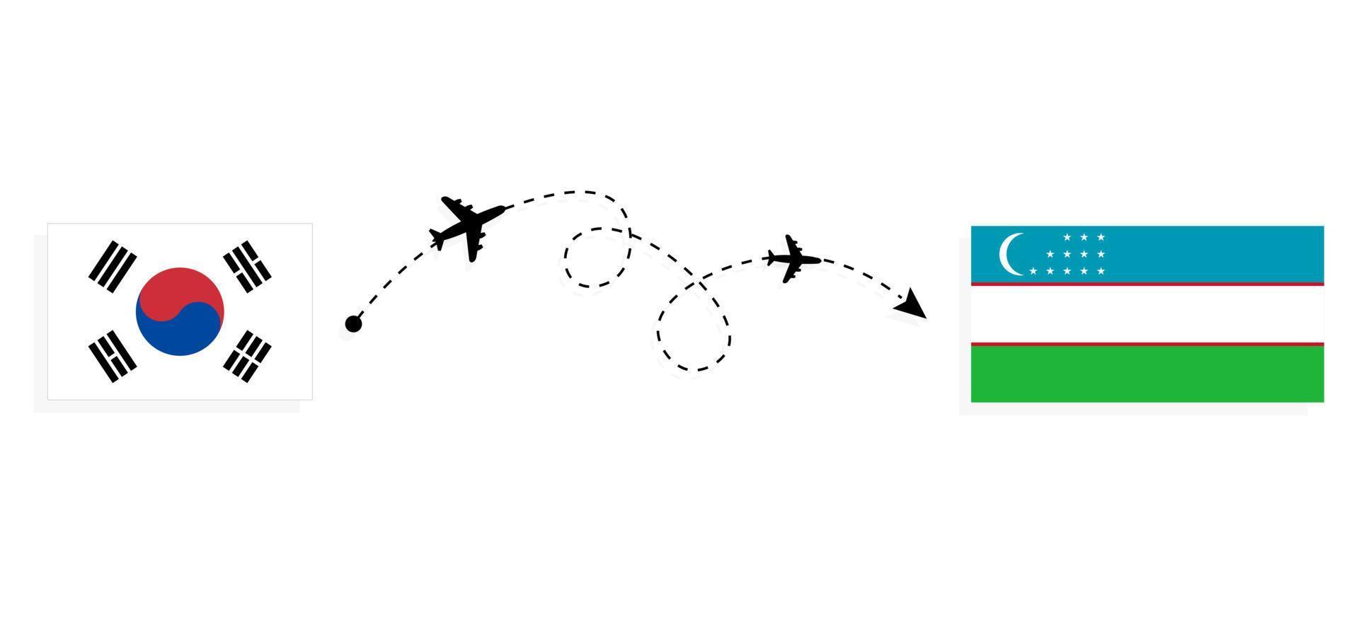 vlucht en reis van Zuid-Korea naar Oezbekistan per reisconcept voor passagiersvliegtuigen vector