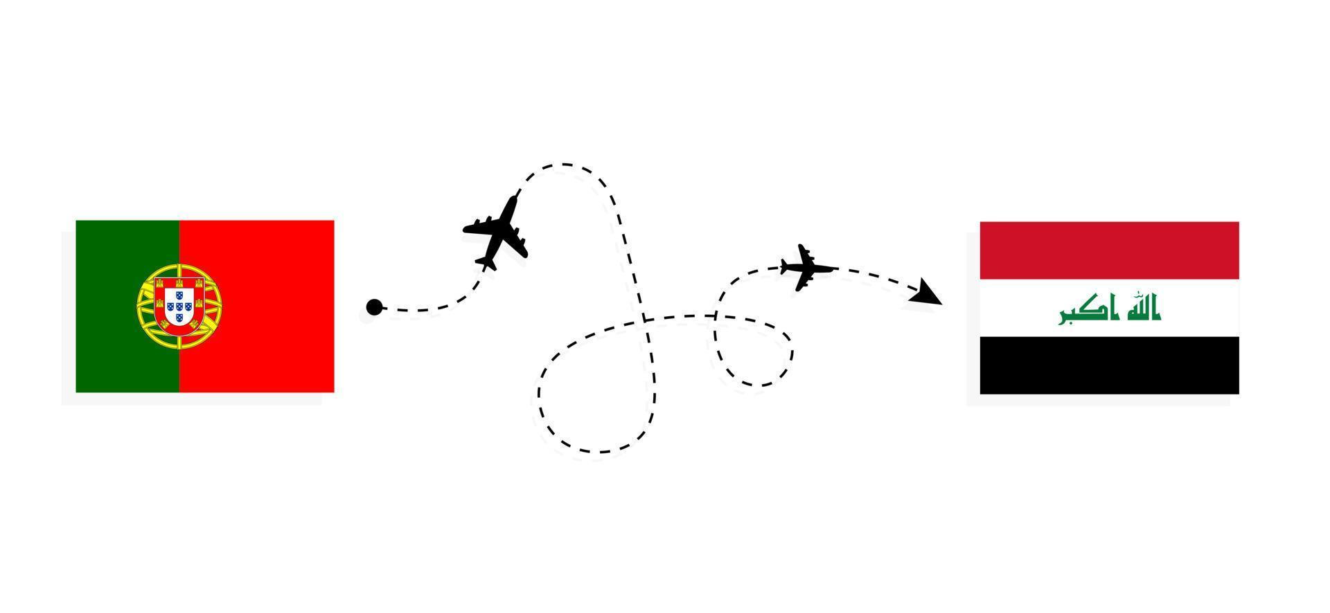 vlucht en reis van portugal naar irak door het reisconcept van het passagiersvliegtuig vector