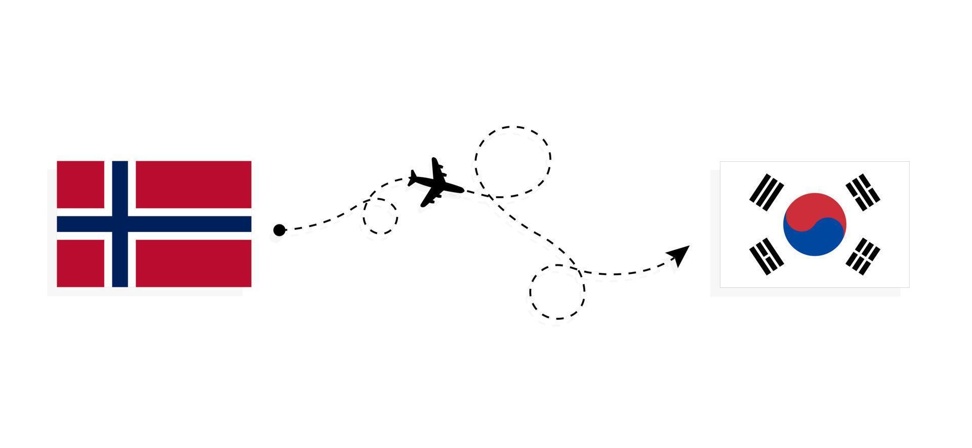 vlucht en reis van noorwegen naar zuid-korea per reisconcept voor passagiersvliegtuigen vector