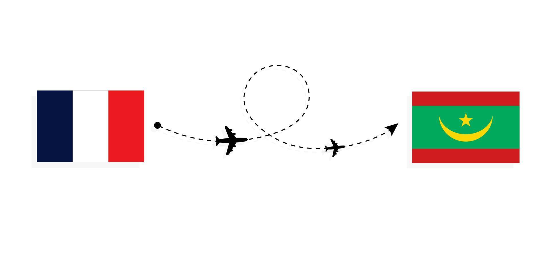 vlucht en reis van Frankrijk naar Mauritanië per reisconcept voor passagiersvliegtuigen vector