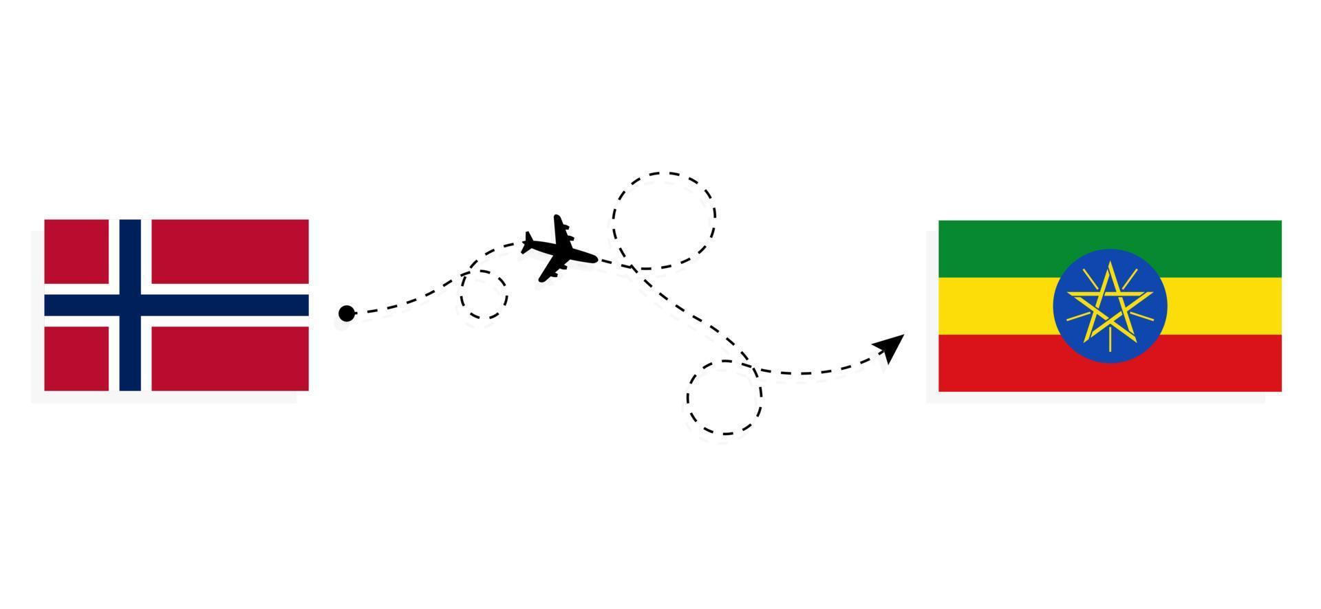vlucht en reis van noorwegen naar ethiopië per reisconcept voor passagiersvliegtuigen vector